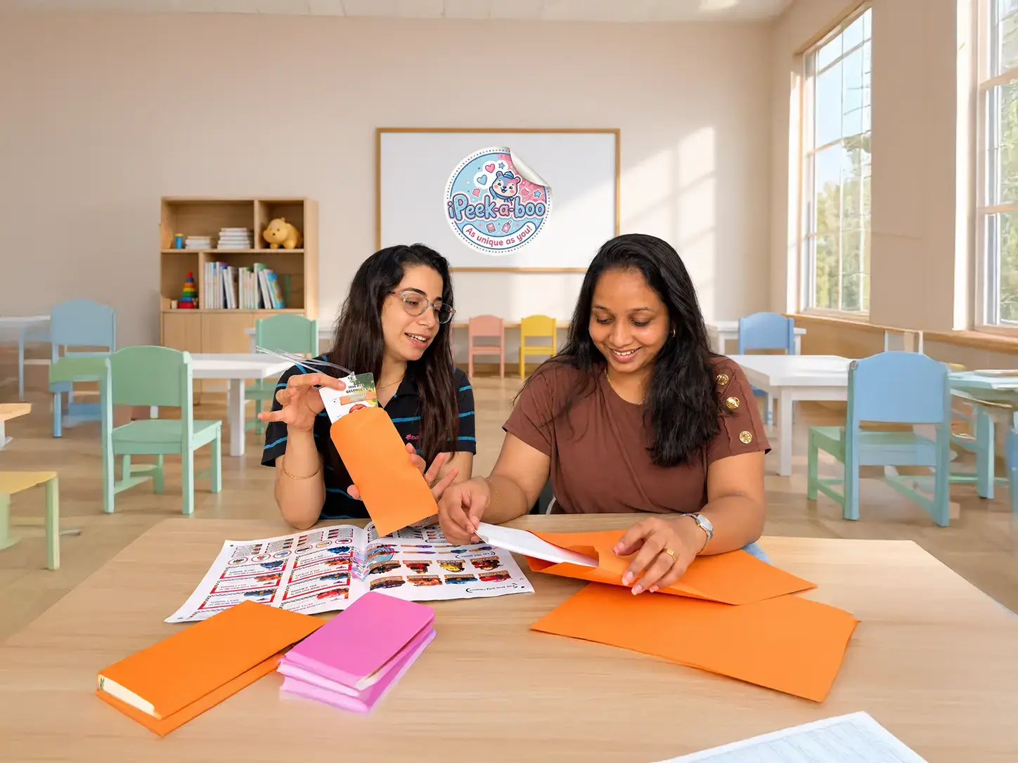 Two team members packing iPeek-a-boo personalized gifts